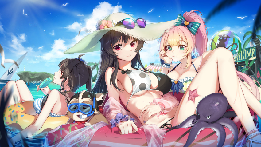 3girls :3 absurdres ahoge ball bangs bare_legs bare_shoulders beachball bikini bird black_hair blonde_hair blue_sky blunt_bangs bow breasts chii_aruel closed_mouth clouds day eyebrows_visible_through_hair eyewear_on_headwear flower food frilled_bikini frills gradient_hair green_bow green_eyes hair_bow halter_top halterneck hat hat_flower highres holding holding_food innertube iris_yuma large_breasts lily_bloomerchen long_hair looking_at_viewer looking_back lying multicolored_hair multiple_girls nail_polish ocean octopus on_back outdoors parted_lips penguin_say pink_hair ponytail popsicle purple_nails red_eyes scrunchie see-through sky smile soul_worker starfish string_bikini striped striped_bikini striped_bow sun_hat sunglasses swimsuit two-tone_bikini water wet wrist_scrunchie