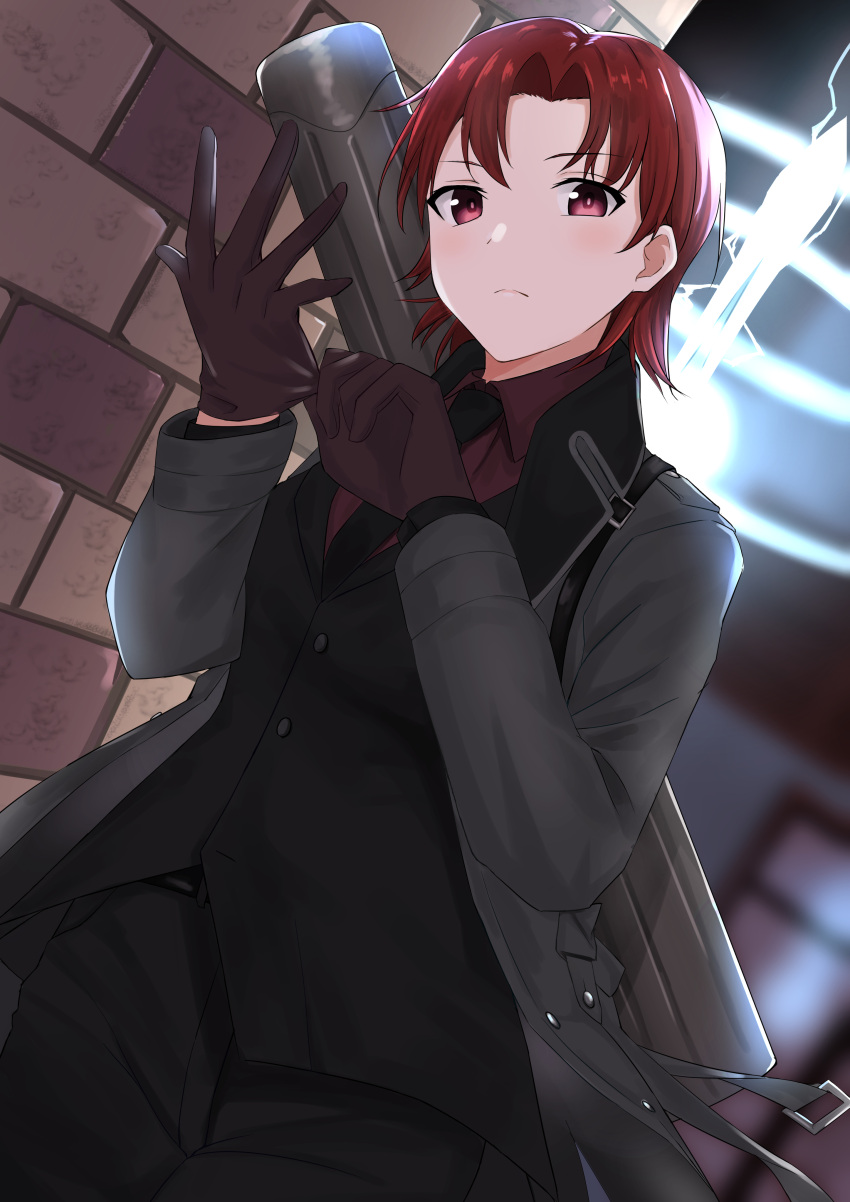 1girl absurdres bangs bazett_fraga_mcremitz black_jacket black_necktie black_pants black_suit blush breasts brown_gloves coat collared_shirt dress_shirt fate/grand_order fate_(series) formal gloves grey_coat highres jacket large_breasts long_sleeves looking_at_viewer manannan_mac_lir_(fate) mole mole_under_eye necktie open_clothes open_coat pants parted_bangs red_eyes red_shirt redhead shirt short_hair solo suit thighs xiuge