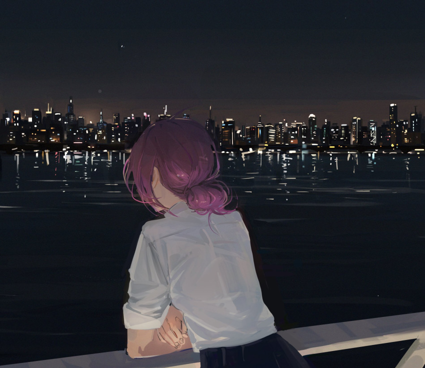1girl arm_rest building chainsaw_man from_behind hair_bun highres lake leaning_forward looking_afar night night_sky null_(skev7724) outdoors purple_hair railing reze_(chainsaw_man) shirt sky sleeves_rolled_up solo white_shirt