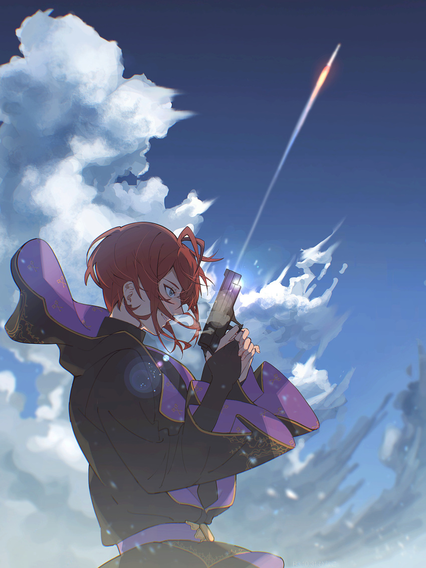 1boy absurdres belt blue_sky bridal_gauntlets cloak clouds contrail day finger_on_trigger floating_hair forced_perspective from_side gun handgun hands_up highres hinako_95 holding holding_gun holding_weapon hood hood_down hooded_cloak light_particles long_sleeves male_focus profile redhead riddle_rosehearts rocket short_hair sky smile solo twisted_wonderland two-sided_fabric upper_body weapon wide_sleeves wind