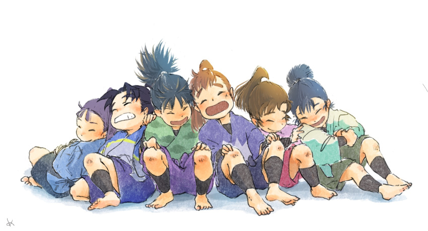 6+boys ^_^ arm_guards barefoot black_hair brown_hair child closed_eyes facing_viewer full_body grin hand_on_another's_shoulder hands_on_own_knees happy highres indian_style japanese_clothes kema_tomesaburou knee_up knees_up laughing leaning_back leaning_on_person leaning_to_the_side lineup male_focus mememe225 multiple_boys nakazaike_chouji nanamatsu_koheita open_mouth ponytail rakudai_ninja_rantarou shin_guards shioe_monjirou side-by-side sitting smile tachibana_senzou white_background younger zenpouji_isaku