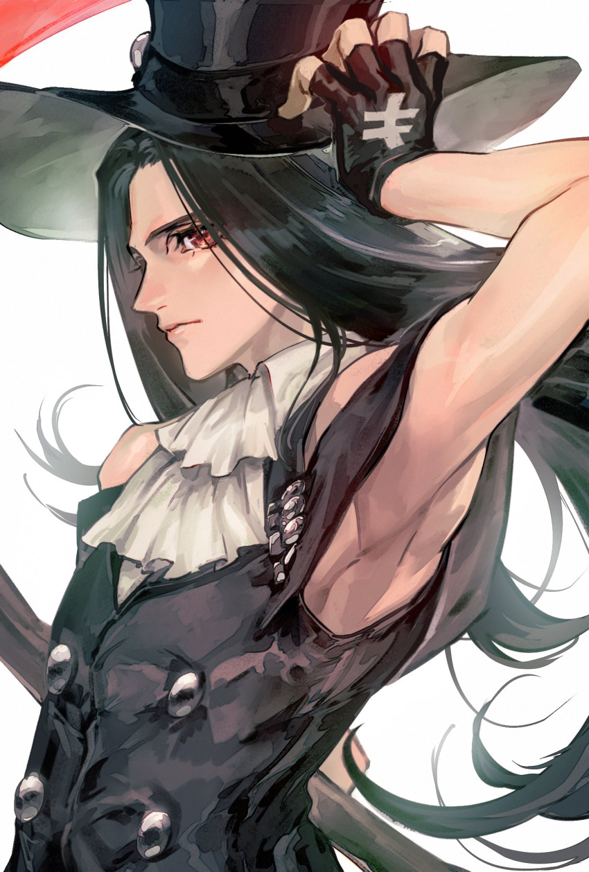 1other androgynous arm_up armpits bangs bare_shoulders belt black_hair black_suit cage collared_shirt formal gloves guilty_gear guilty_gear_strive hat_ornament highres holding holding_weapon kin_mokusei long_hair looking_at_viewer off_shoulder red_eyes scythe shirt simple_background solo suit testament_(guilty_gear) upper_body weapon white_background white_gloves white_shirt