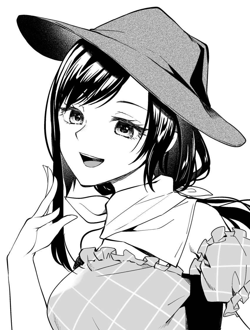 1girl :d absurdres bandana bangs bare_shoulders breasts cowboy_hat gradient gradient_background greyscale hand_up hat highres kaede_(mmkeyy) kurokoma_saki large_breasts long_hair looking_at_viewer monochrome off-shoulder_shirt off_shoulder open_mouth shirt short_sleeves smile solo swept_bangs touhou upper_body