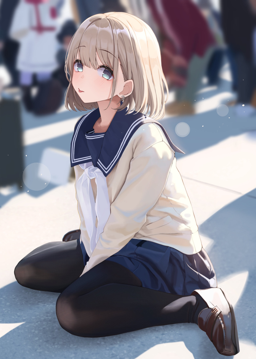 :p absurdres blue_skirt blurry blurry_background bokeh depth_of_field earrings extra eyebrows_visible_through_hair grey_hair highres idolmaster idolmaster_shiny_colors jewelry loafers looking_at_viewer neckerchief on_ground pleated_skirt pomp_(qhtjd0120) school_uniform serafuku serizawa_asahi shoes short_hair sitting skirt solo_focus tongue tongue_out wariza white_neckerchief