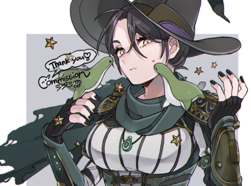 apex_legends black_gloves black_hair black_headwear black_nails breasts commission corset emerald_enchantress_wraith fingerless_gloves gloves green_corset green_scarf hair_behind_ear hair_between_eyes hat head_tilt heart jewelry medium_breasts necklace official_alternate_costume scarf shimijimi star_(symbol) stuffed_toy witch witch_hat wraith_(apex_legends) yellow_eyes
