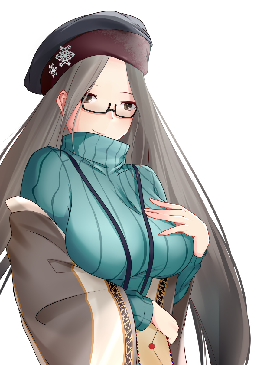 1girl absurdres aqua_sweater azur_lane black_headwear breasts envelope glasses hand_on_own_chest highres holding holding_letter lanyard large_breasts letter long_hair looking_at_viewer official_alternate_costume ribbed_sweater rori_railfans semi-rimless_eyewear shangri-la_(azur_lane) shangri-la_(utopia's_collector)_(azur_lane) shawl simple_background snowflake_pin solo sweater turtleneck turtleneck_sweater upper_body very_long_hair white_background