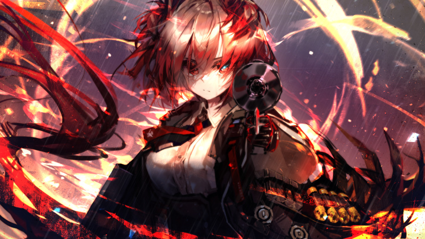 1girl absurdres aiming_at_viewer ammunition arknights black_jacket breasts closed_mouth collared_shirt corset feather_hair fiammetta_(arknights) fire gun highres holding holding_gun holding_weapon jacket large_breasts libiadan long_sleeves looking_at_viewer necktie open_clothes open_jacket outdoors rain red_eyes red_necktie shirt short_hair solo upper_body weapon white_shirt