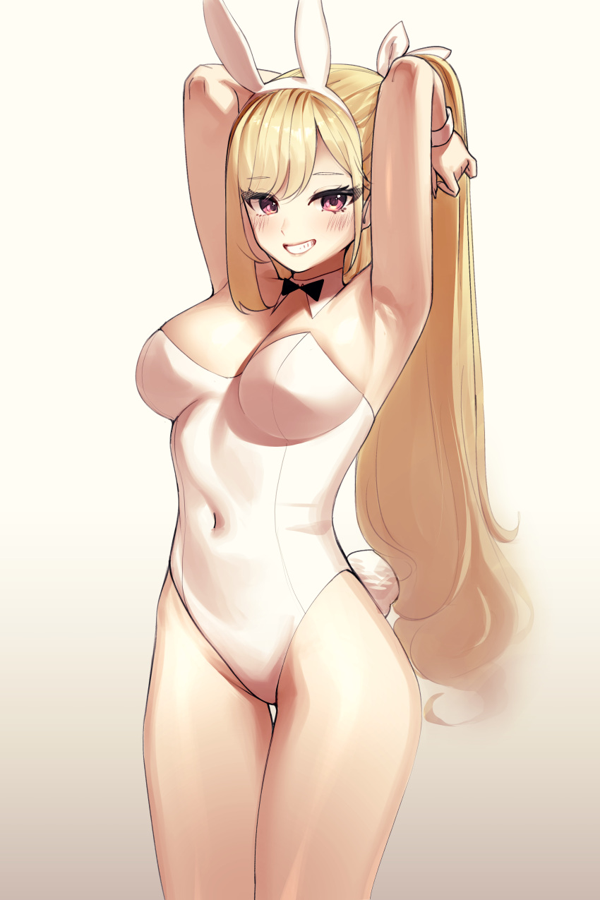 1girl absurdres animal_ears armpits arms_behind_head arms_up bare_arms bare_legs bare_shoulders blonde_hair bow bowtie breasts covered_navel detached_collar fake_animal_ears fake_tail grin hairband highleg highleg_leotard highres kitagawa_marin leotard long_hair looking_at_viewer medium_breasts playboy_bunny ponytail rabbit_ears rabbit_tail red_eyes sbgu smile solo sono_bisque_doll_wa_koi_wo_suru strapless strapless_leotard tail thigh_gap thighs very_long_hair white_leotard