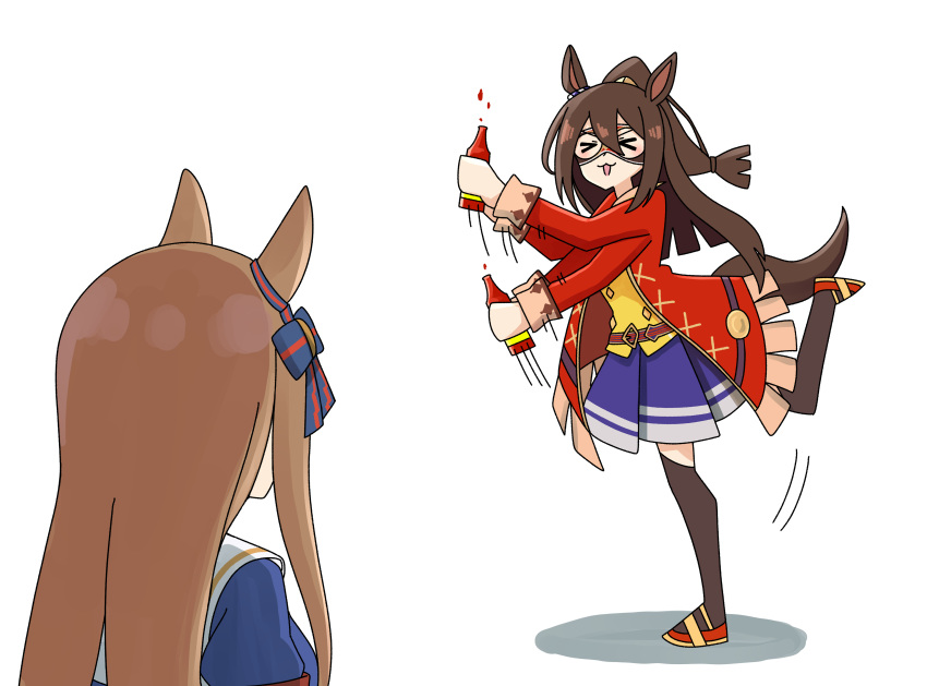 &gt;_&lt; 2girls absurdres animal_ears black_hair brown_hair commentary_request el_condor_pasa_(umamusume) extreme_dreams grass_wonder_(umamusume) highres horse_ears horse_girl horse_tail hot_limit hot_sauce leg_up long_hair looking_at_another mask multiple_girls open_mouth shaking simple_background split_image t.m.revolution tail thigh-highs umamusume white_background