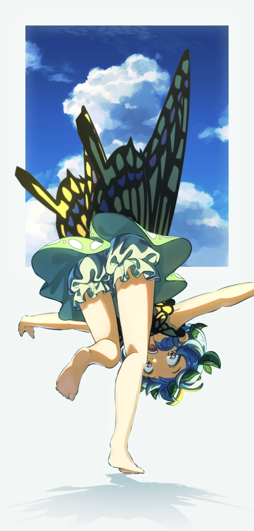 1girl :d absurdres ass bare_arms barefoot bloomers blue_eyes blue_hair blue_sky day dress eternity_larva from_behind gradient highres looking_at_viewer open_mouth orange_eyes short_hair sky smile solo standing standing_on_one_leg suguni touhou underwear upside-down white_bloomers wings