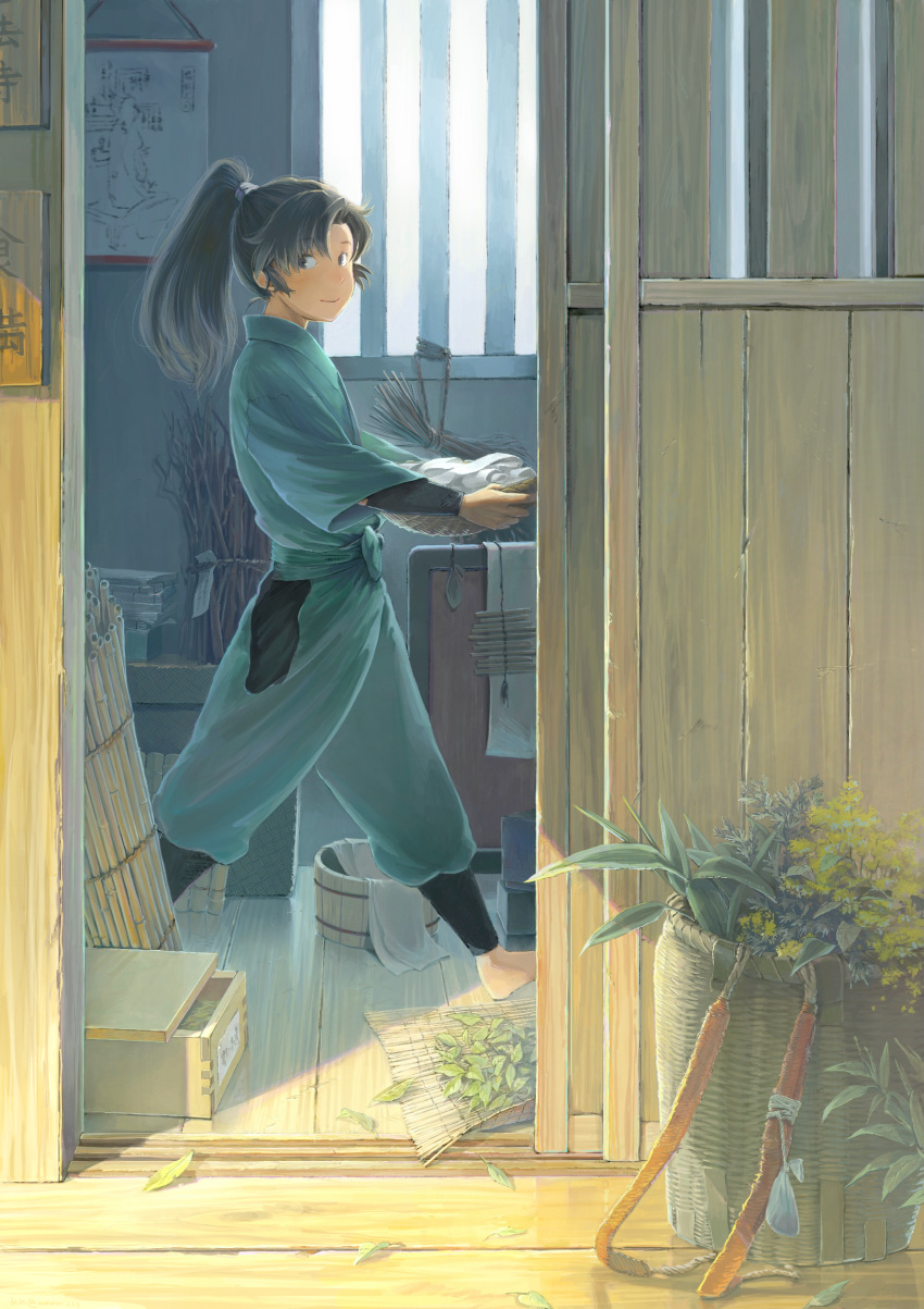 1boy architecture arm_guards bamboo_screen basket black_hair book book_stack bucket day drying east_asian_architecture from_outside from_side herb highres holding japanese_clothes leaf long_hair long_sleeves looking_at_viewer looking_to_the_side male_focus mememe225 open_door pants picture_(object) ponytail rakudai_ninja_rantarou shin_guards sidelocks sliding_doors smile solo towel walking window wooden_bucket wooden_floor zenpouji_isaku