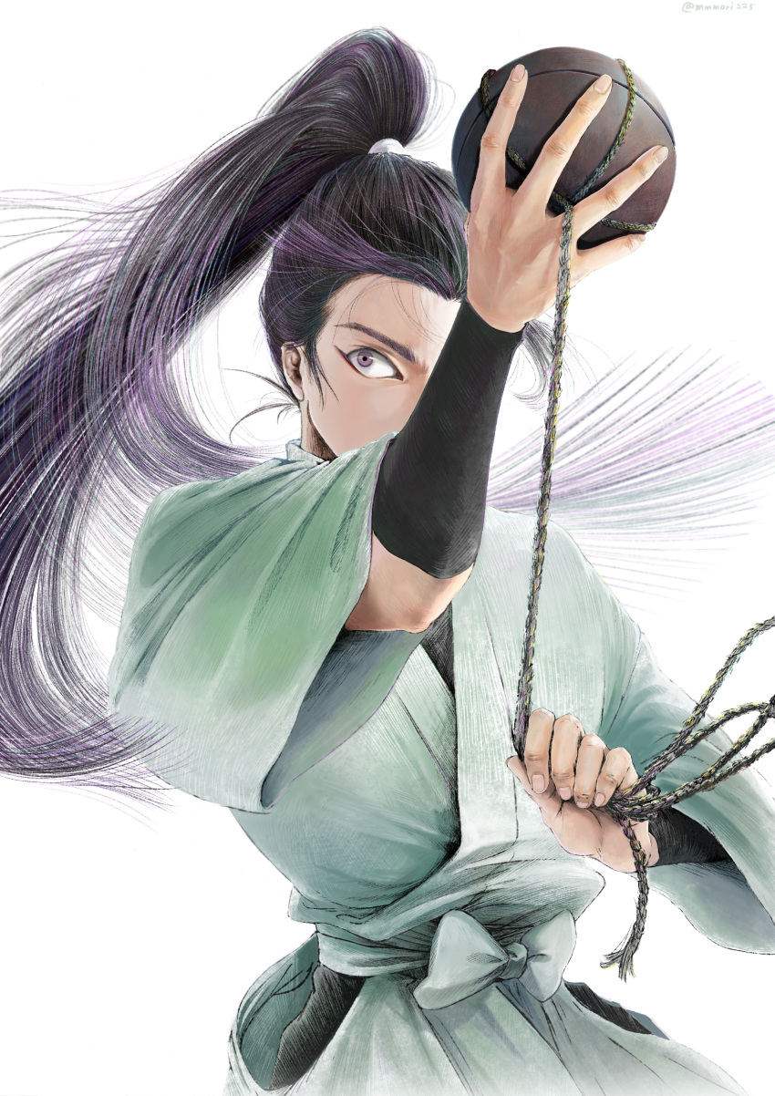1boy arm_guards ball_and_chain_(weapon) between_fingers bow chain covered_mouth explosive floating_hair furrowed_brow hand_up highres holding holding_weapon japanese_clothes long_hair long_sleeves looking_away looking_up male_focus mememe225 one_eye_covered ponytail purple_hair rakudai_ninja_rantarou sideways_glance simple_background solo straight_hair tachibana_senzou upper_body very_long_hair violet_eyes weapon white_background