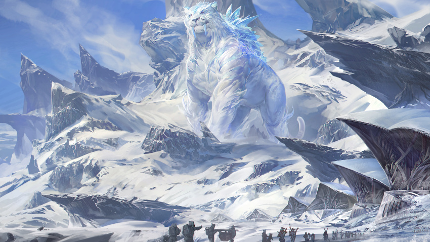 6+others absurdres animal animal_focus blue_sky day fangs from_behind highres holding ice mountain multiple_others original outdoors oversized_animal people sky smilodon snow standing teeth tiger walking white_tiger wutu_(1183238220)