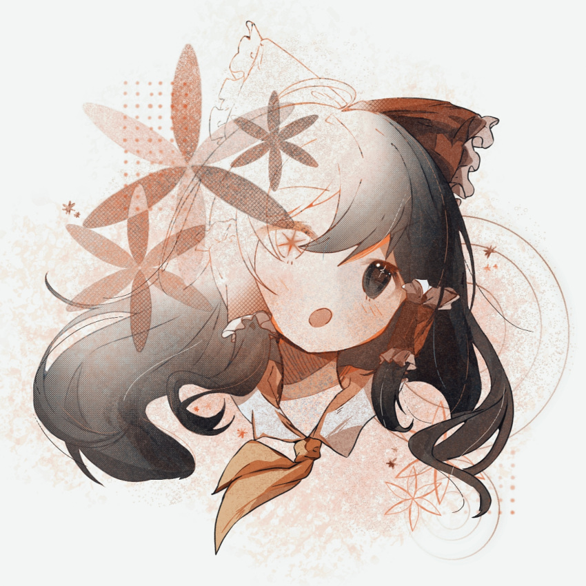 1girl :o bangs black_hair bow catchess1027 cropped_shoulders eyebrows_visible_through_hair frilled_bow frilled_hair_tubes frills hair_between_eyes hair_bow hair_tubes hakurei_reimu head_tilt highres long_hair looking_at_viewer neckerchief open_mouth red_bow red_neckerchief solo touhou upper_body