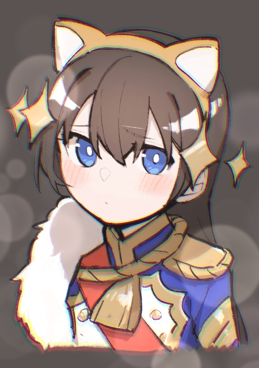 1girl absurdres animal_ears bangs blue_eyes blue_jacket blush bright_pupils brown_background brown_hair buttons cat_ears chromatic_aberration closed_mouth commentary_request cropped_torso epaulettes eyebrows_visible_through_hair fake_animal_ears fur_trim goe_(g-o-e) hair_between_eyes hair_ornament hairband highres jacket kagura_hikari long_hair looking_at_viewer orange_hairband red_sash sash shiny shiny_hair shoujo_kageki_revue_starlight simple_background solo sparkle_hair_ornament tassel upper_body white_pupils