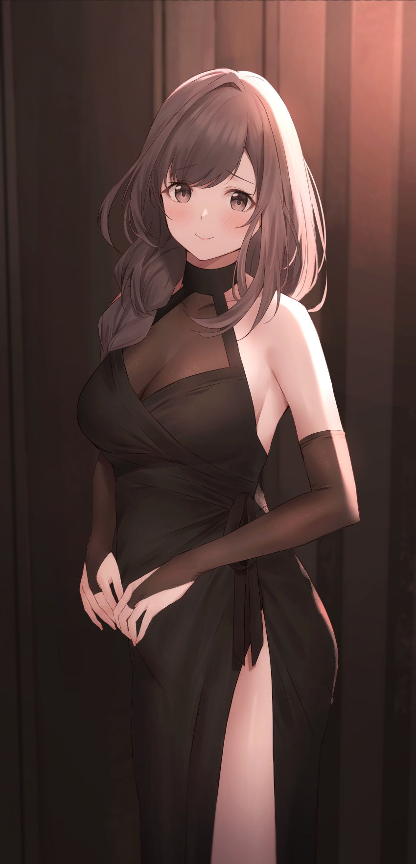 1girl absurdres black_dress blush braid braided_ponytail breasts dress elbow_gloves gloves highres idolmaster idolmaster_shiny_colors large_breasts looking_at_viewer own_hands_together see-through side_ponytail side_slit sleeveless sleeveless_dress smile solo tsukioka_kogane yu1127_illust
