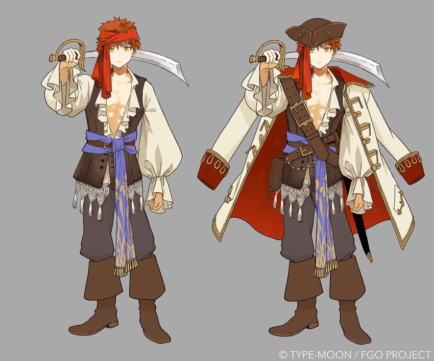 1boy boots brown_footwear coat coat_on_shoulders concept_art cutlass_(sword) emiya_shirou fate/grand_order fate_(series) grey_background hat holding holding_weapon long_sleeves looking_at_viewer male_focus official_alternate_costume official_art pirate pirate_hat redhead senji_muramasa_(fate) shirahama_kamome simple_background solo sword weapon yellow_eyes