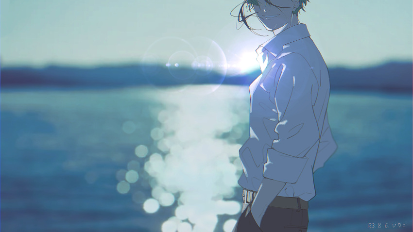 1boy absurdres belt black_hair blue_hair blue_sky blurry bokeh collared_shirt day depth_of_field facing_viewer floating_hair floyd_leech from_behind hand_in_pocket head_out_of_frame highres hinako_95 lens_flare male_focus multicolored_hair shirt short_hair sky sleeves_folded_up smile solo streaked_hair twisted_wonderland upper_body white_shirt wind