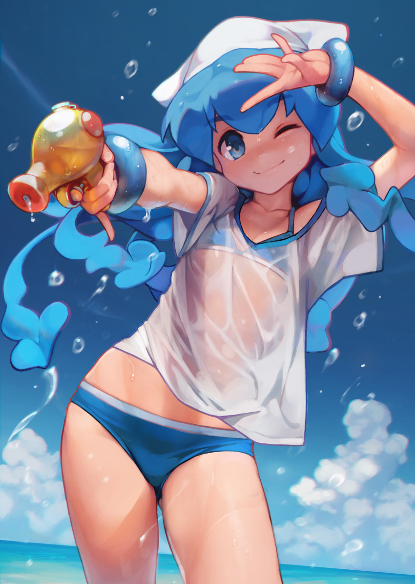1girl ;) absurdres arm_up armpits ass_visible_through_thighs ataruman bangs beach bikini blue_bikini blue_eyes blue_hair blue_sky bracelet closed_mouth clouds contrapposto cowboy_shot day dutch_angle eyebrows_visible_through_hair flat_chest hands_up hat highres holding horizon ikamusume jewelry long_hair looking_at_viewer one_eye_closed outdoors photoshop_(medium) pinky_out see-through see-through_shirt shinryaku!_ikamusume shirt short_sleeves sky smile solo squid_hat standing swimsuit swimsuit_under_clothes t-shirt tentacle_hair water water_drop water_gun wet wet_clothes wet_shirt white_headwear white_shirt