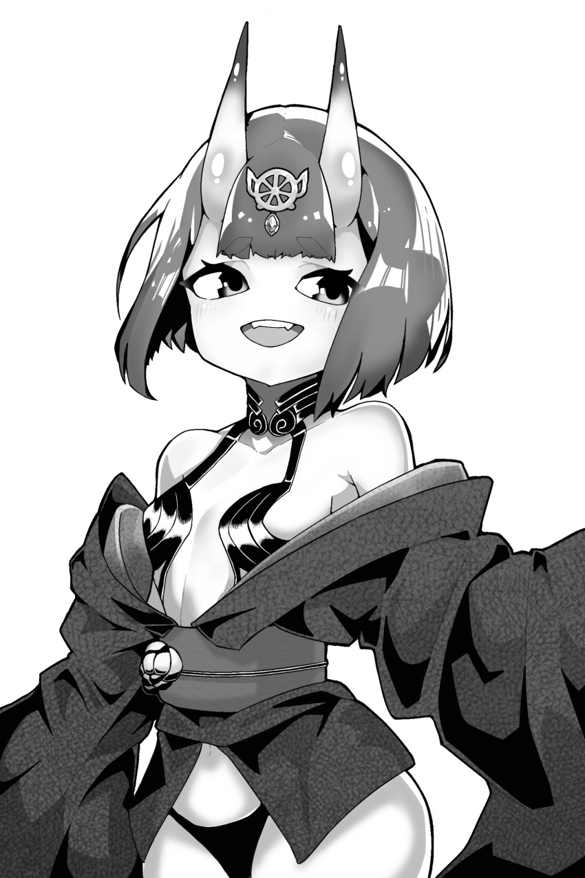 1girl absurdres bangs bare_shoulders blunt_bangs blush bob_cut breasts collarbone commentary cowboy_shot eyebrows_visible_through_hair fangs fate/grand_order fate_(series) greyscale haembokeyo hair_ornament happy highres horns japanese_clothes kimono light_blush long_sleeves looking_to_the_side monochrome navel obi off_shoulder oni_horns open_mouth panties revealing_clothes sash shiny shiny_hair short_hair shuten_douji_(fate) sidelocks simple_background small_breasts smile solo standing teeth underwear white_background