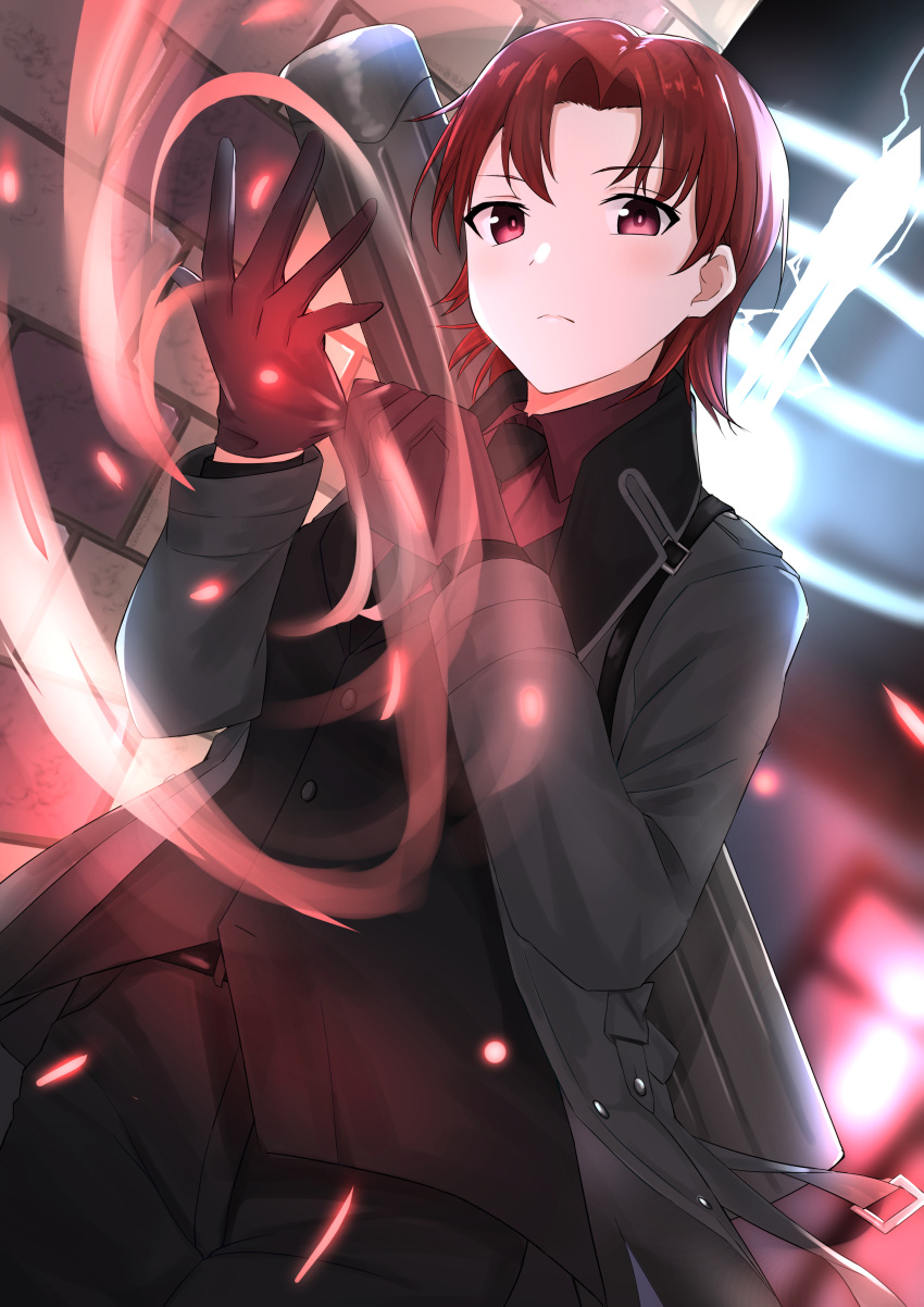 1girl absurdres bangs bazett_fraga_mcremitz black_jacket black_necktie black_pants black_suit blush breasts brown_gloves coat collared_shirt dress_shirt fate/grand_order fate_(series) formal gloves grey_coat highres jacket large_breasts long_sleeves looking_at_viewer manannan_mac_lir_(fate) mole mole_under_eye necktie open_clothes open_coat pants parted_bangs red_eyes red_shirt redhead shirt short_hair solo suit thighs xiuge