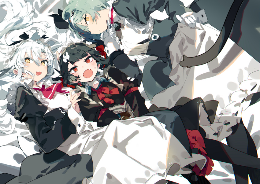 3girls :d alternate_costume apron bangs bed_sheet black_dress black_hair black_legwear blush bow breasts brown_eyes closed_mouth commentary_request dress enmaided eyebrows_visible_through_hair fangs feet_out_of_frame floating_hair frilled_apron frills gloves grey_hair hair_between_eyes juliet_sleeves karei long_hair long_sleeves maid medium_breasts multiple_girls open_mouth original pantyhose puffy_sleeves red_bow red_eyes shirt smile sweat very_long_hair waist_apron white_apron white_gloves white_hair white_shirt