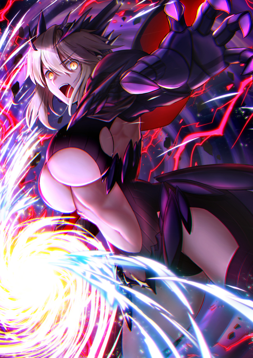 1girl absurdres artoria_pendragon_(fate) artoria_pendragon_(lancer_alter)_(fate) bangs black_bodysuit blonde_hair bodysuit braid breasts cape center_opening dark_rhongomyniad fate/grand_order fate_(series) french_braid hair_between_eyes highres hisato_nago horns lance large_breasts long_hair looking_at_viewer navel open_mouth polearm revealing_clothes ribbed_bodysuit sidelocks solo thighs under_boob weapon yellow_eyes