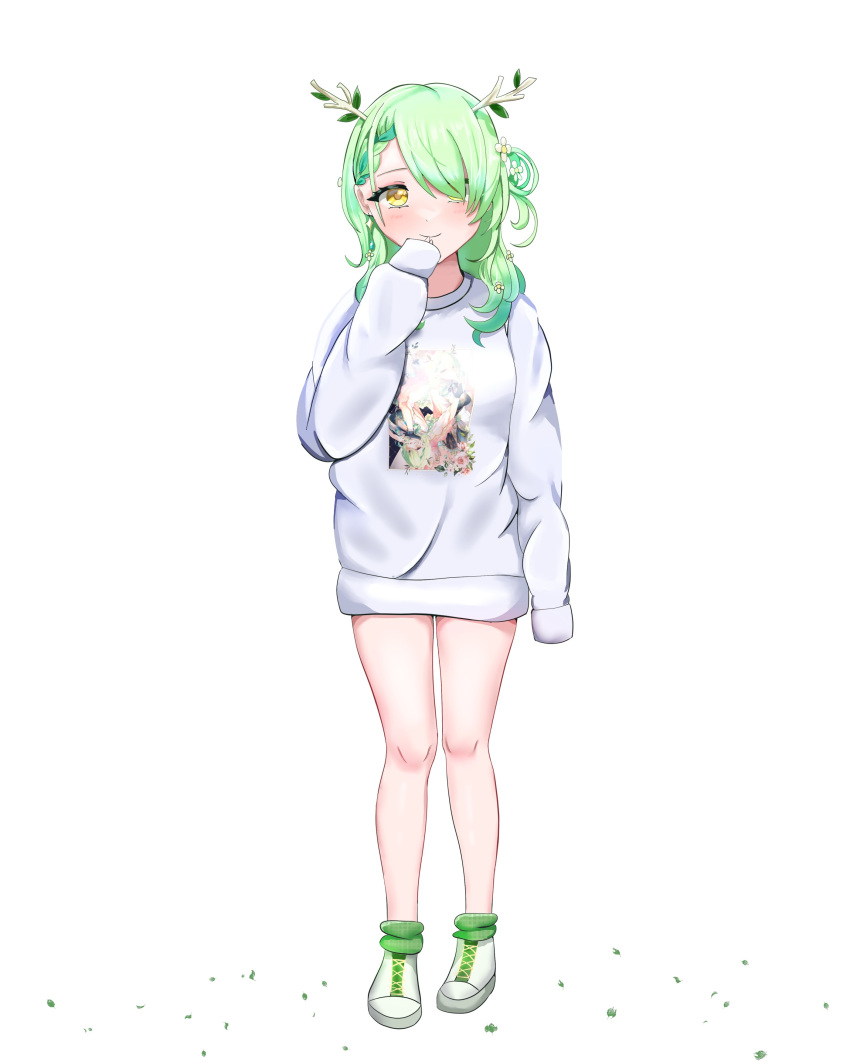 1girl absurdres bare_legs blush braid ceres_fauna green_hair hand_on_own_face highres hololive hololive_english long_sleeves looking_at_viewer medium_hair nikoruisu oversized_clothes shoes shy standing sweatshirt thighs wavy_hair white_background yellow_eyes