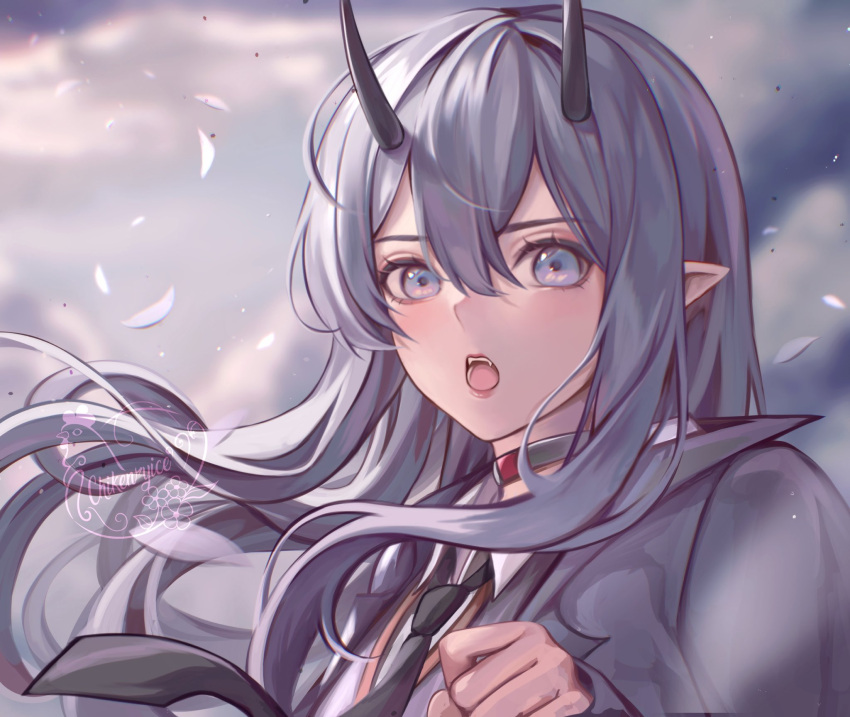 1girl :o bangs black_jacket black_necktie black_vest blue_eyes chikenryice clenched_hand collared_shirt fangs grey_hair hair_behind_ear hair_between_eyes highres horns indie_virtual_youtuber jacket looking_at_viewer necktie open_mouth pointy_ears seigi_(k1ruse) shirt solo vest virtual_youtuber watermark white_shirt