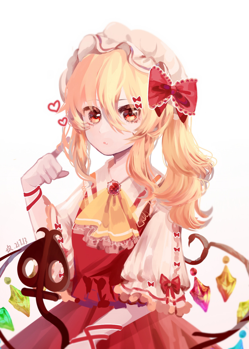1girl 2021 arm_ribbon artist_name ascot bangs blonde_hair bow chinese_commentary collared_shirt commentary_request crystal dress eyebrows_visible_through_hair fang flandre_scarlet frills hair_between_eyes hair_bow hand_up hat highres jewelry kuchuanleikan laevatein_(touhou) looking_to_the_side mob_cap multicolored_wings one_side_up open_mouth polearm puffy_short_sleeves puffy_sleeves red_bow red_dress red_ribbon ribbon shirt short_hair short_sleeves simple_background solo spear touhou weapon white_background white_headwear white_shirt wide_sleeves wings yellow_ascot