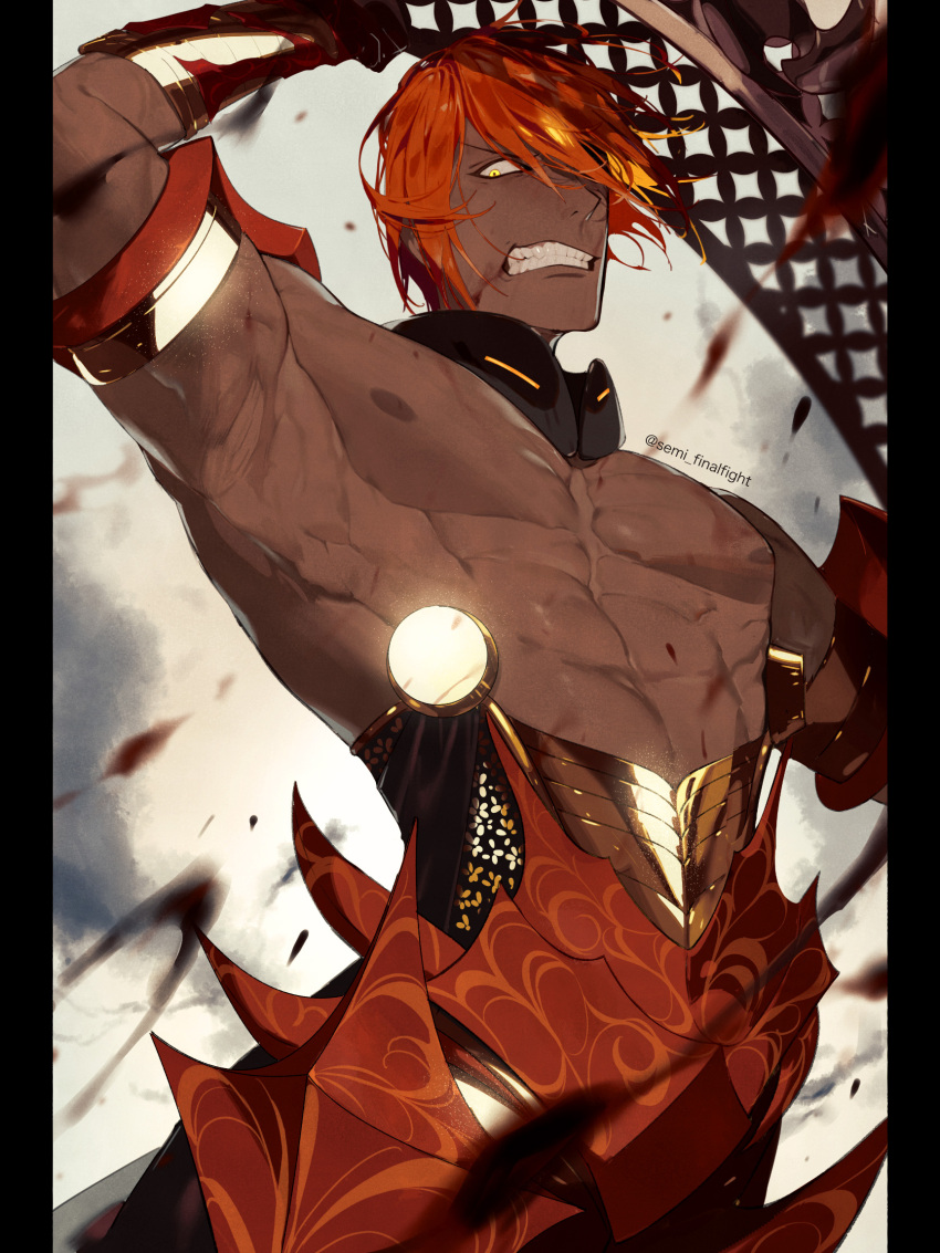 1boy abs armlet armor ashwatthama_(fate) bangs commentary_request dark-skinned_male dark_skin fate/grand_order fate_(series) highres holding holding_weapon looking_at_viewer male_focus muscular muscular_male nipples redhead semi_(p-poco) short_hair solo teeth topless_male twitter_username upper_body weapon yellow_eyes