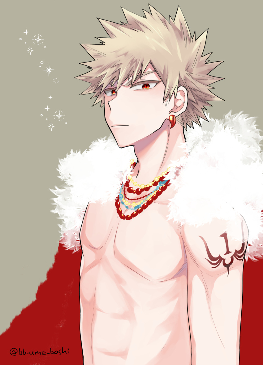 1boy arm_tattoo bakugou_katsuki bead_necklace beads beige_background blonde_hair boku_no_hero_academia earrings highres jewelry looking_at_viewer male_focus multiple_necklaces necklace pectorals red_eyes simple_background solo sparkle spiky_hair tattoo topless_male twitter_username ume_(326310)