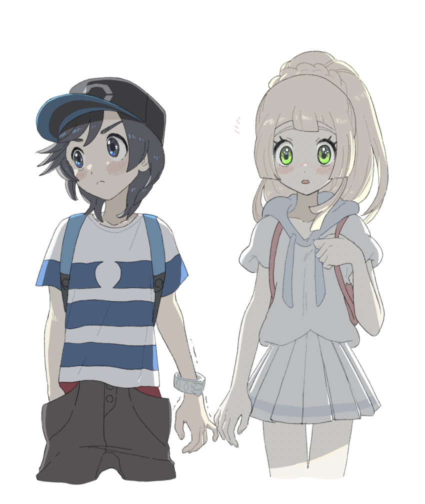 1boy 1girl aoaomzir bangs baseball_cap black_hair black_headwear blonde_hair blunt_bangs blush bracelet braid closed_mouth commentary_request elio_(pokemon) eyelashes french_braid green_eyes hand_in_pocket hand_up hat high_ponytail highres holding_strap imminent_hand_holding jewelry lillie_(pokemon) long_hair looking_at_viewer pleated_skirt pokemon pokemon_(game) pokemon_sm shirt short_sleeves simple_background skirt split_mouth striped striped_shirt swept_bangs t-shirt trembling white_background white_shirt white_skirt