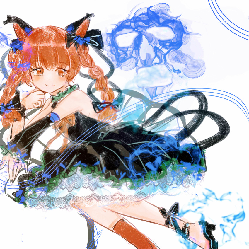 1girl absurdres adapted_costume animal_ears bangs bare_shoulders black_dress blue_fire blunt_bangs blush bow braid cat_ears cat_tail closed_mouth dress eyebrows_visible_through_hair fire foot_out_of_frame hair_bow high_heels highres hitodama kaenbyou_rin light_smile long_hair looking_at_viewer multiple_tails mxy4507 nekomata redhead shoes simple_background skull smile solo tail tareme touhou twin_braids twintails white_background