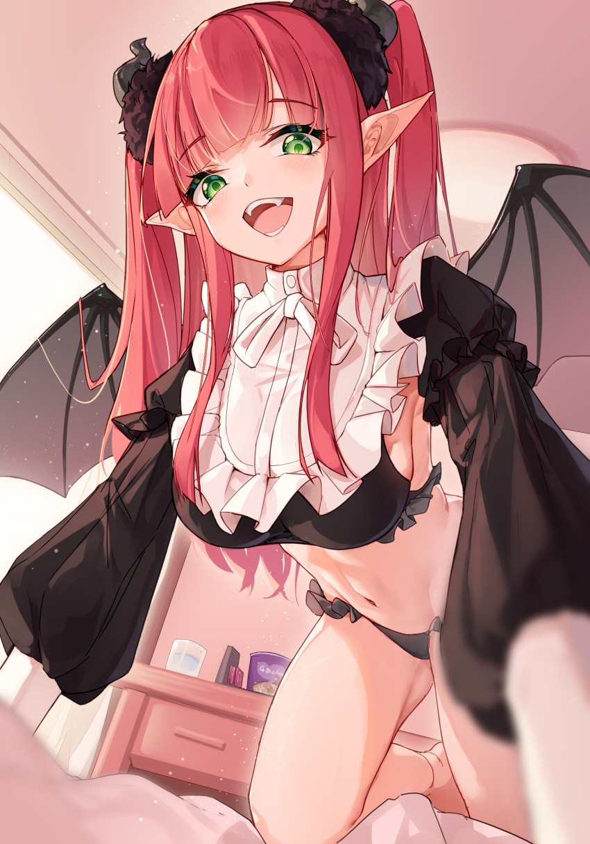 1girl absurdres all_fours bangs black_horns black_panties black_wings blunt_bangs blush breasts cosplay demon_girl demon_horns demon_tail demon_wings eyebrows_visible_through_hair fake_horns fake_wings fangs frilled_panties frilled_shirt frills green_eyes hanging_breasts highres horns kitagawa_marin large_breasts long_hair long_pointy_ears long_sleeves looking_at_viewer navel open_mouth panties pointy_ears puffy_sleeves qianze_chia redhead revealing_clothes rizu-kyun shirt sidelocks smile solo sono_bisque_doll_wa_koi_wo_suru tail two_side_up underwear wings