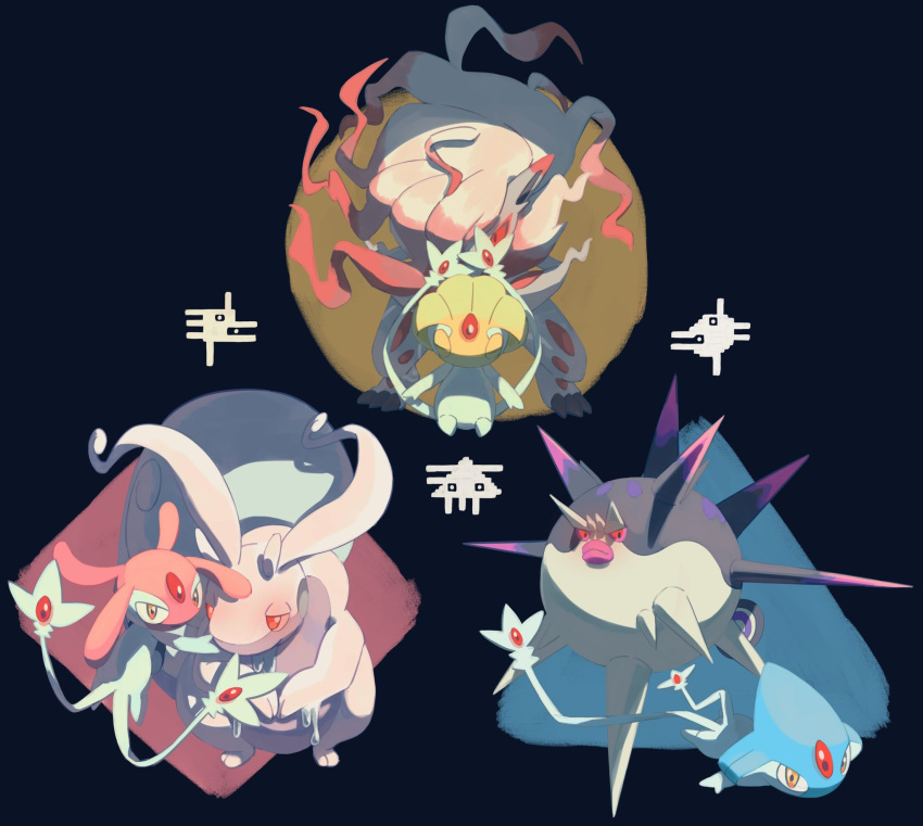 alpha_pokemon azelf black_background claws closed_eyes closed_mouth commentary_request glowing glowing_eyes highres hisuian_goodra hisuian_zoroark mesprit no_humans overqwil pokemon pokemon_(creature) red_eyes slime_(substance) spikes torinoko_(miiko_draw) uxie yellow_eyes