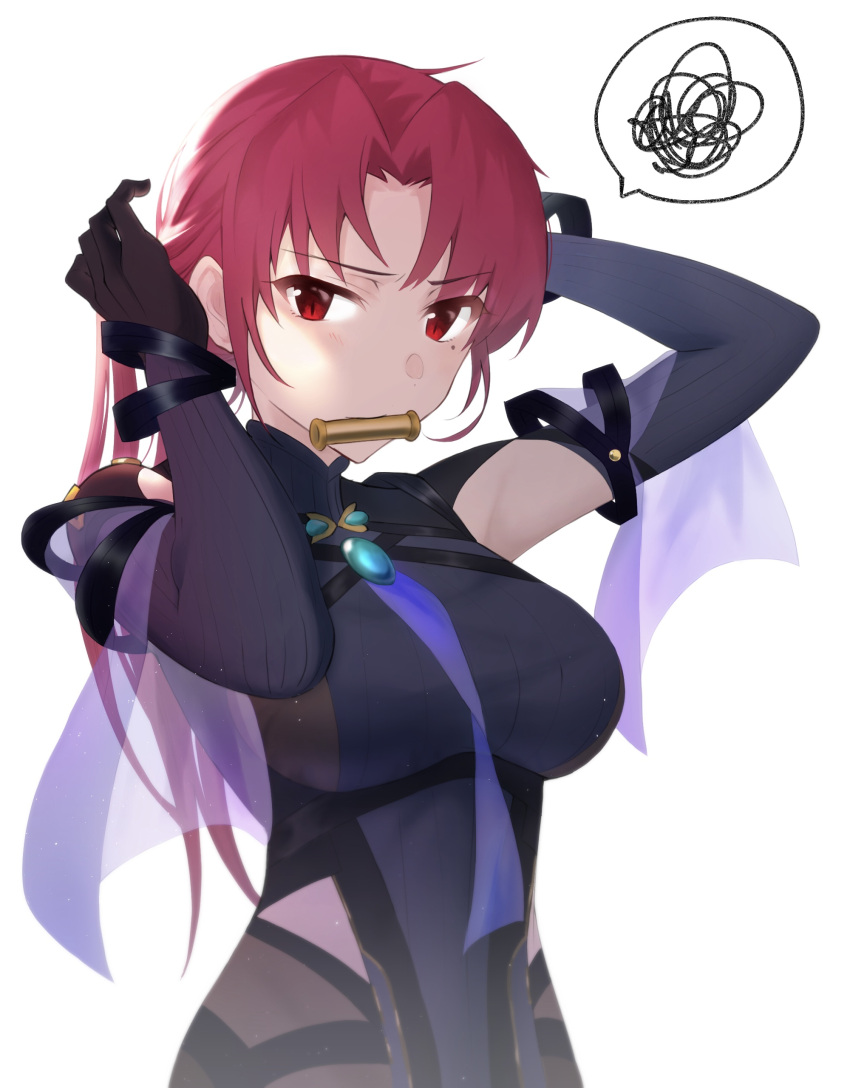 1girl absurdres arms_behind_head arms_up bangs bazett_fraga_mcremitz black_bodysuit blue_molmotto blush bodysuit breasts fate/grand_order fate_(series) highres large_breasts long_hair looking_at_viewer low_ponytail manannan_mac_lir_(fate) mole mole_under_eye mouth_hold parted_bangs pelvic_curtain red_eyes redhead solo spoken_squiggle squiggle tying_hair