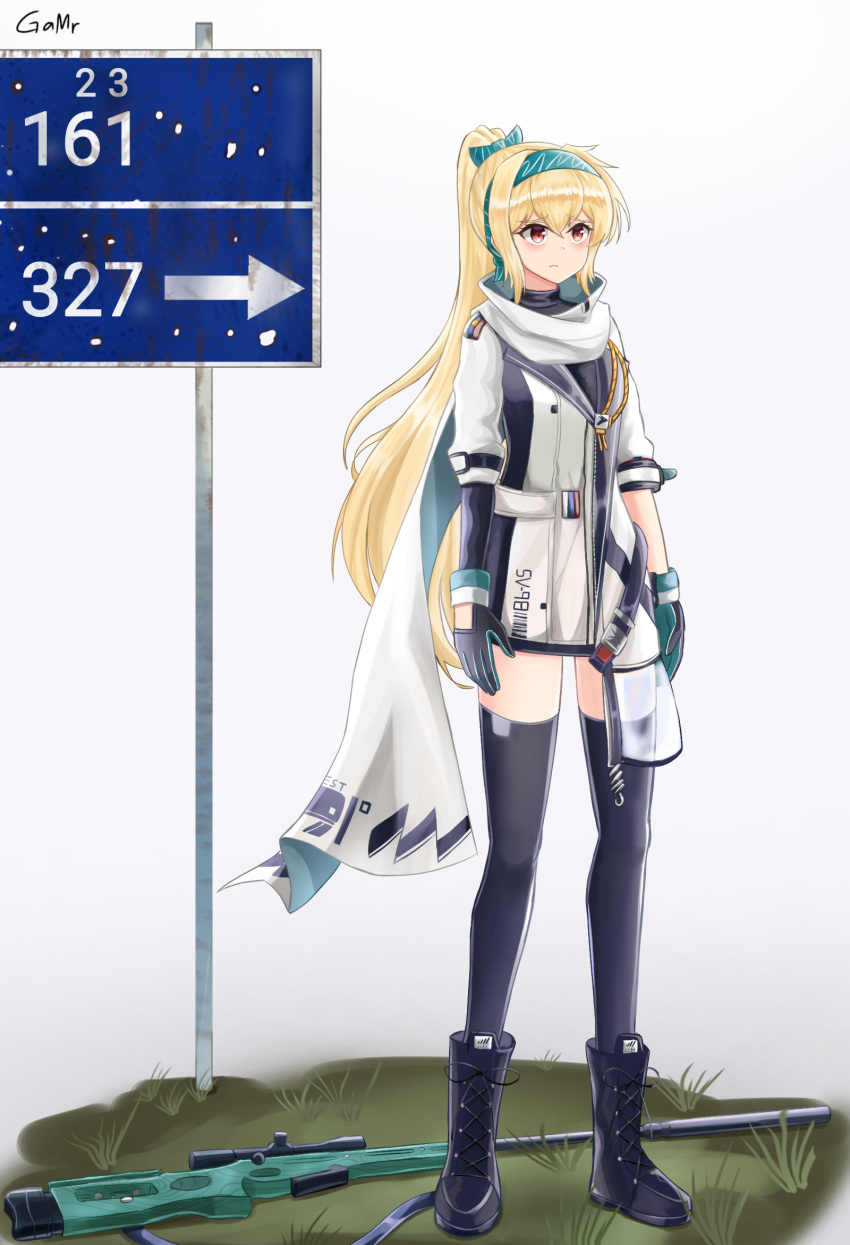 1girl artist_name black_bodysuit blonde_hair bodysuit bolt_action boots bow commentary_request eyebrows_visible_through_hair gamryous girls_frontline gloves green_hairband gun hair_bow hairband highres jacket long_hair mod3_(girls'_frontline) multicolored_clothes multicolored_gloves ponytail red_eyes rifle russian_flag scarf solo sv-98 sv-98_(girls'_frontline) thigh-highs turtleneck weapon white_jacket white_scarf