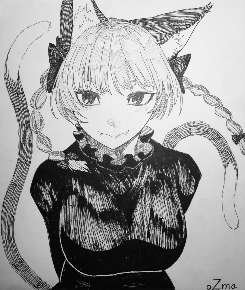 1girl absurdres animal_ears artist_name bangs bow braid breasts cat_ears cat_girl cat_tail closed_mouth dress extra_ears eyebrows_behind_hair fang fangs fangs_out greyscale hair_bow highres kaenbyou_rin large_breasts long_hair long_sleeves looking_at_viewer monochrome multiple_tails nekomata ozma_(yozakura) pointy_ears signature slit_pupils smile solo tail tail_raised touhou twin_braids twintails twitter_username two_tails upper_body