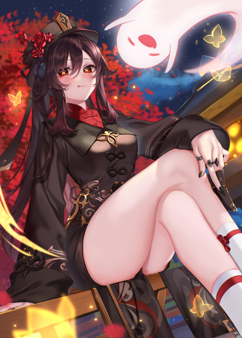 1girl :q absurdres black_nails black_sleeves blush breasts brown_hair bug butterfly chinese_clothes crossed_legs english_commentary eyebrows_visible_through_hair feet_out_of_frame genshin_impact ghost glowing gold_trim hair_between_eyes hair_over_shoulder hand_on_own_knee highres hu_tao_(genshin_impact) jewelry long_hair long_sleeves looking_at_viewer night night_sky outdoors red_eyes ring ringeko-chan short_hair sitting sky sleeves_past_wrists socks solo sparkle symbol-shaped_pupils thighs tongue tongue_out tree wide_sleeves