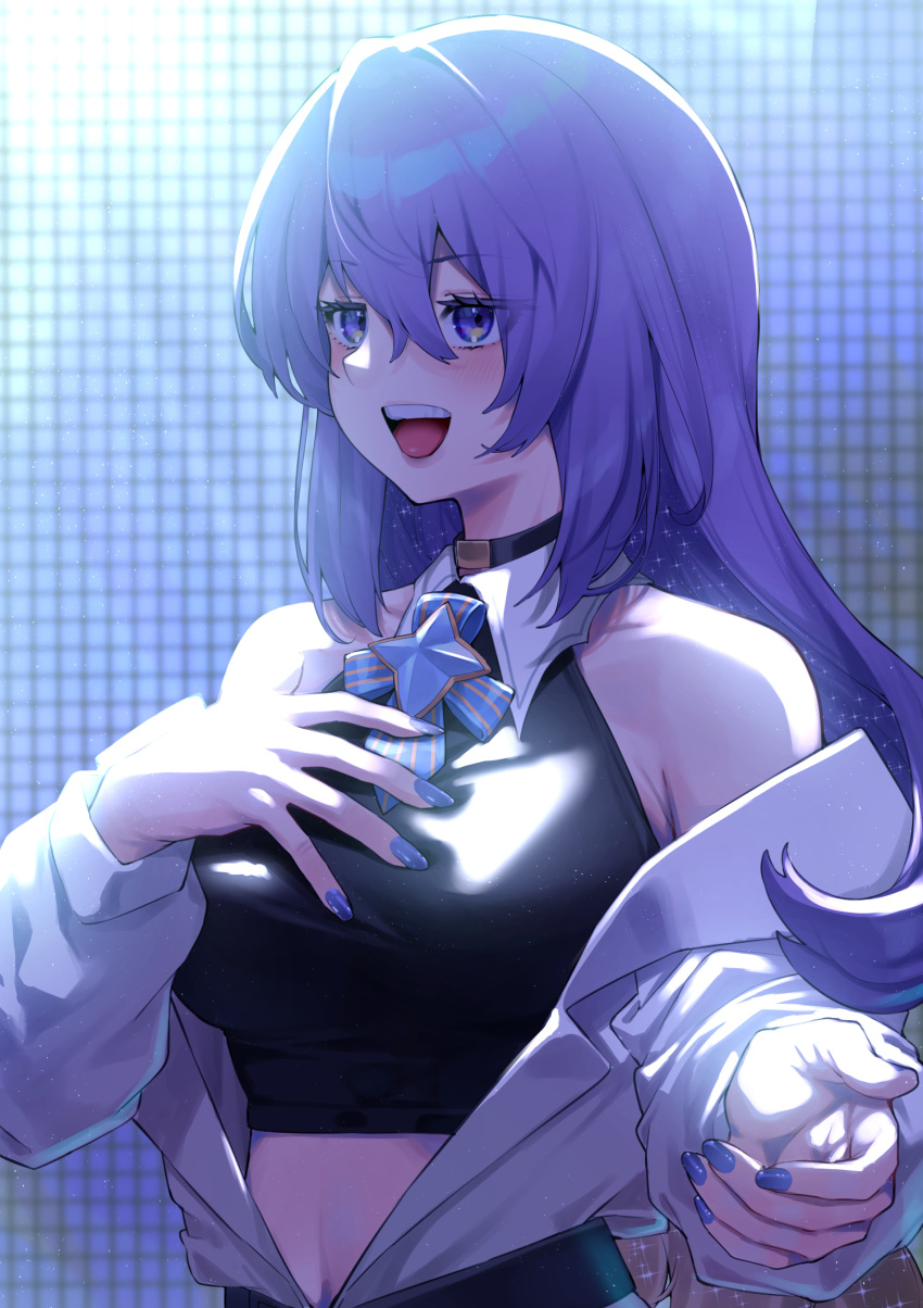 1girl :d absurdres bangs bare_shoulders black_choker breasts choker crop_top eyebrows_visible_through_hair hair_between_eyes hand_on_own_chest highres hololive large_breasts long_sleeves looking_away midriff mikan_(chipstar182) moona_hoshinova nail_polish open_clothes open_shirt purple_hair purple_nails shirt smile solo teeth tongue upper_body upper_teeth violet_eyes virtual_youtuber white_shirt