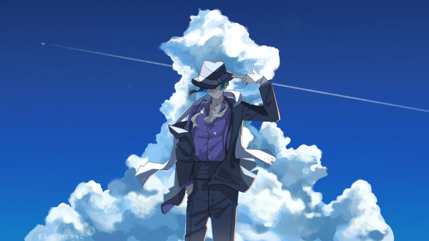 1boy absurdres aircraft airplane backlighting black_hair black_headwear black_jacket black_pants blue_hair blue_sky bow clouds collared_shirt contrail covered_eyes day dress_shirt facing_viewer finger_gun floyd_leech gloves hand_in_pocket hand_up hat hat_bow hat_over_eyes highres hinako_95 jacket long_sleeves male_focus multicolored_hair necktie off_shoulder open_clothes open_jacket pants purple_shirt scarf shirt short_hair sky smile smirk solo standing streaked_hair twisted_wonderland untied white_gloves white_necktie white_scarf wind
