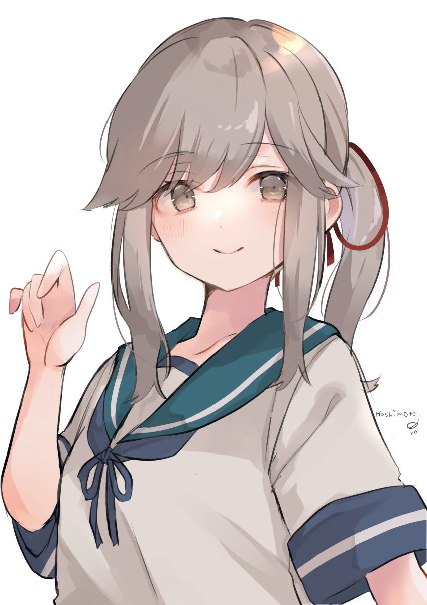 1girl absurdres blue_sailor_collar brown_eyes grey_hair hair_ribbon highres kantai_collection long_hair one-hour_drawing_challenge raymie0124 red_ribbon ribbon sailor_collar school_uniform serafuku shirt sidelocks simple_background solo usugumo_(kancolle) white_background white_shirt