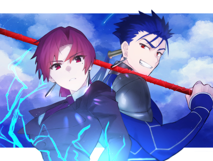 1boy 1girl armor bangs bazett_fraga_mcremitz blue_bodysuit blue_hair blue_molmotto blue_sky bodysuit breasts collared_shirt cu_chulainn_(fate) cu_chulainn_(fate/stay_night) dress_shirt earrings electricity fate/hollow_ataraxia fate/stay_night fate_(series) formal gae_bolg_(fate) grin highres jewelry large_breasts long_sleeves looking_at_viewer mole mole_under_eye necktie parted_bangs pauldrons polearm ponytail purple_necktie purple_suit red_eyes redhead shirt short_hair shoulder_armor sky smile spear suit weapon white_shirt