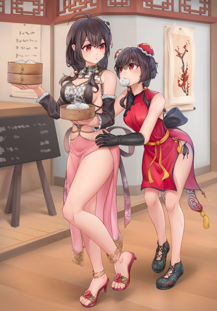 2girls ahoge alternate_costume anklet bangs baozi bare_legs bare_shoulders black_footwear black_gloves black_hair breasts bun_cover china_dress chinese_clothes commentary double_bun dress eyebrows_visible_through_hair food food_in_mouth full_body gloves hair_between_eyes high_heels highres indoors jewelry kono_subarashii_sekai_ni_shukufuku_wo! large_breasts long_hair long_sleeves looking_at_another medium_breasts megumin midriff mouth_hold multiple_girls pink_skirt red_dress red_eyes red_footwear shadow shoes side_slit skirt sleeveless sleeveless_dress standing stormstx thighs yunyun_(konosuba)