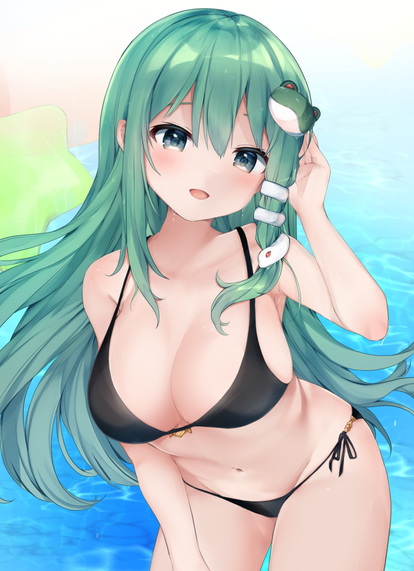 1girl armpits bangs bare_shoulders bikini black_bikini black_bow black_bra black_panties blush bow bra breasts collarbone commentary_request eyebrows_visible_through_hair frog_hair_ornament green_eyes green_hair hair_between_eyes hair_ornament hand_up highres innertube karasusou_nano kochiya_sanae large_breasts long_hair looking_at_viewer navel ocean open_mouth panties smile snake_hair_ornament solo standing star_(symbol) stomach swimsuit tongue touhou underwear water
