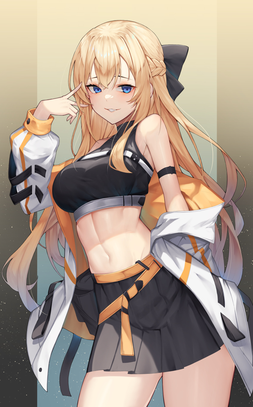 1girl absurdres arm_strap armpit_crease bare_shoulders belt black_shirt black_skirt blonde_hair blue_eyes bow braid breasts commission contrapposto cowboy_shot crop_top grin hair_bow hand_up highres jacket large_breasts long_hair long_sleeves looking_at_viewer midriff miniskirt navel off_shoulder open_clothes open_jacket original pleated_skirt pouch revealing_clothes shirt skirt sleeveless sleeveless_shirt sleeveless_turtleneck smile solo standing stomach thighs turtleneck v very_long_hair white_jacket yukaring1