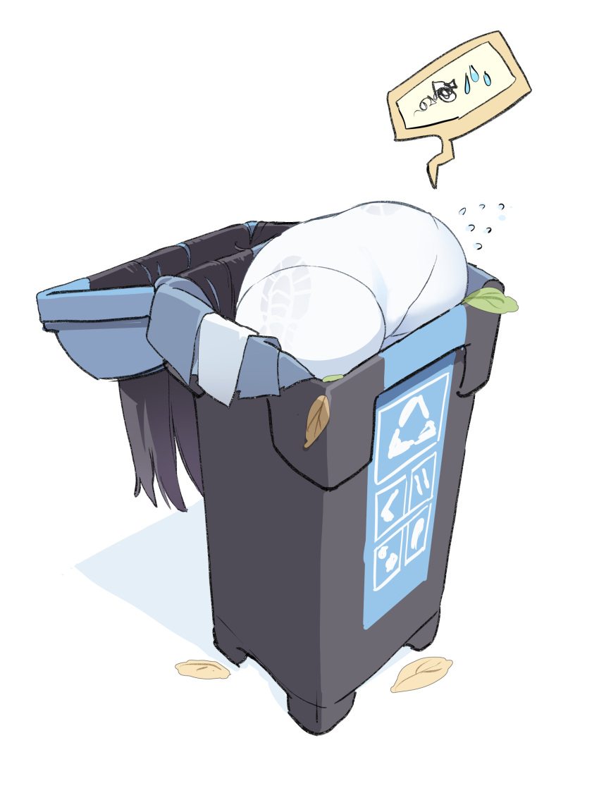 absurdres arrow_(symbol) ass black_hair blue_archive commentary_request dorontabi flying_sweatdrops footprints highres leaf long_hair miyu_(blue_archive) panties panties_under_pantyhose pantyhose recycle_bin recycling_symbol solo speech_bubble trapped trash_can underwear white_background white_panties