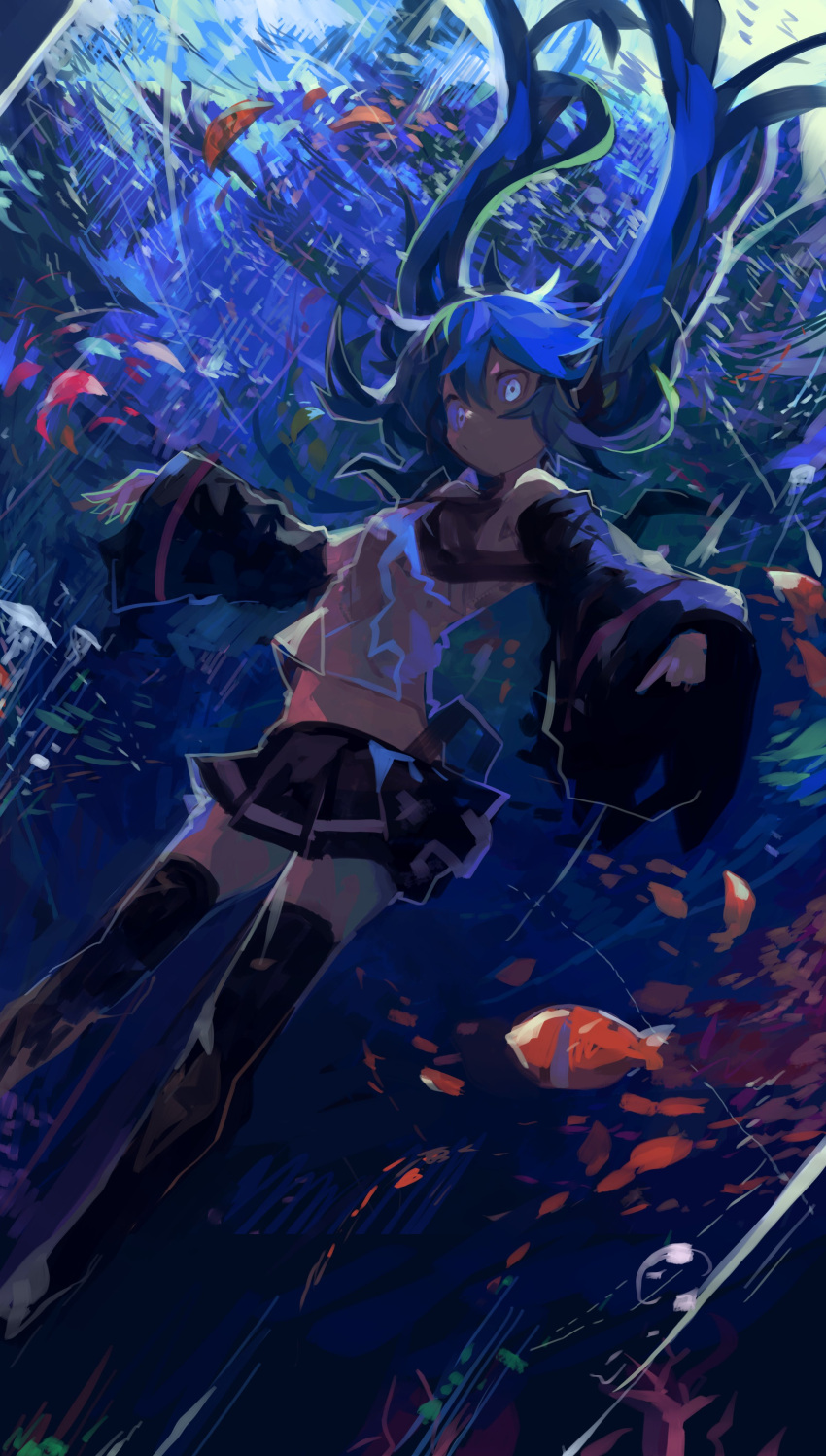 1girl absurdres bangs bare_shoulders black_footwear black_skirt blue_eyes blue_hair boots bubble closed_mouth clownfish detached_sleeves feet_out_of_frame floating_hair hair_between_eyes hatsune_miku highres kaamin_(mariarose753) long_hair long_sleeves looking_ahead midriff pleated_skirt shirt single_horizontal_stripe skirt sleeveless sleeveless_shirt sleeves_past_wrists solo thigh-highs thigh_boots twintails underwater very_long_hair vocaloid white_shirt zettai_ryouiki