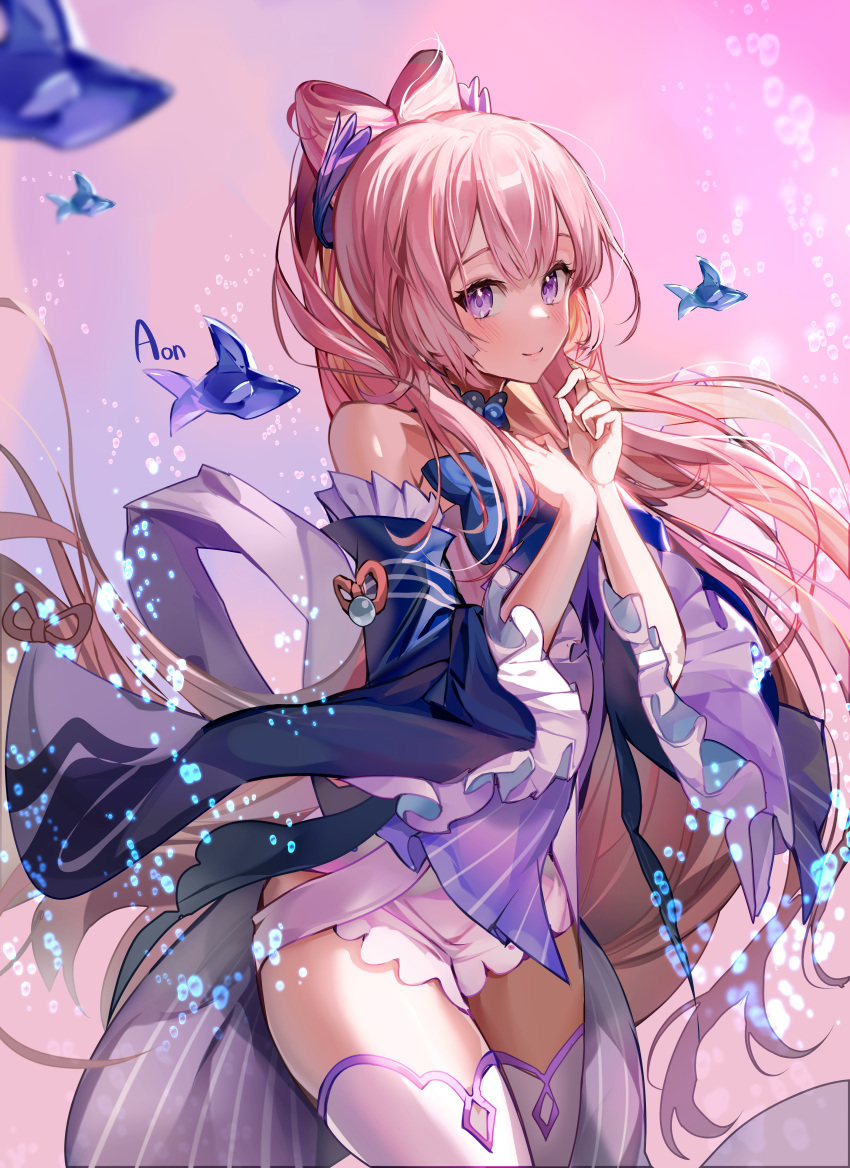 1girl a_(sofi3103) absurdres air_bubble artist_name bangs beads bow_by_hair bubble cowboy_shot detached_collar detached_sleeves dress fish frilled_sleeves frills genshin_impact hand_on_own_chest hands_up head_wings highres long_hair looking_at_viewer pink_background pink_hair sangonomiya_kokomi short_dress smile solo submerged thigh-highs very_long_hair violet_eyes white_legwear wide_sleeves wing_hair_ornament